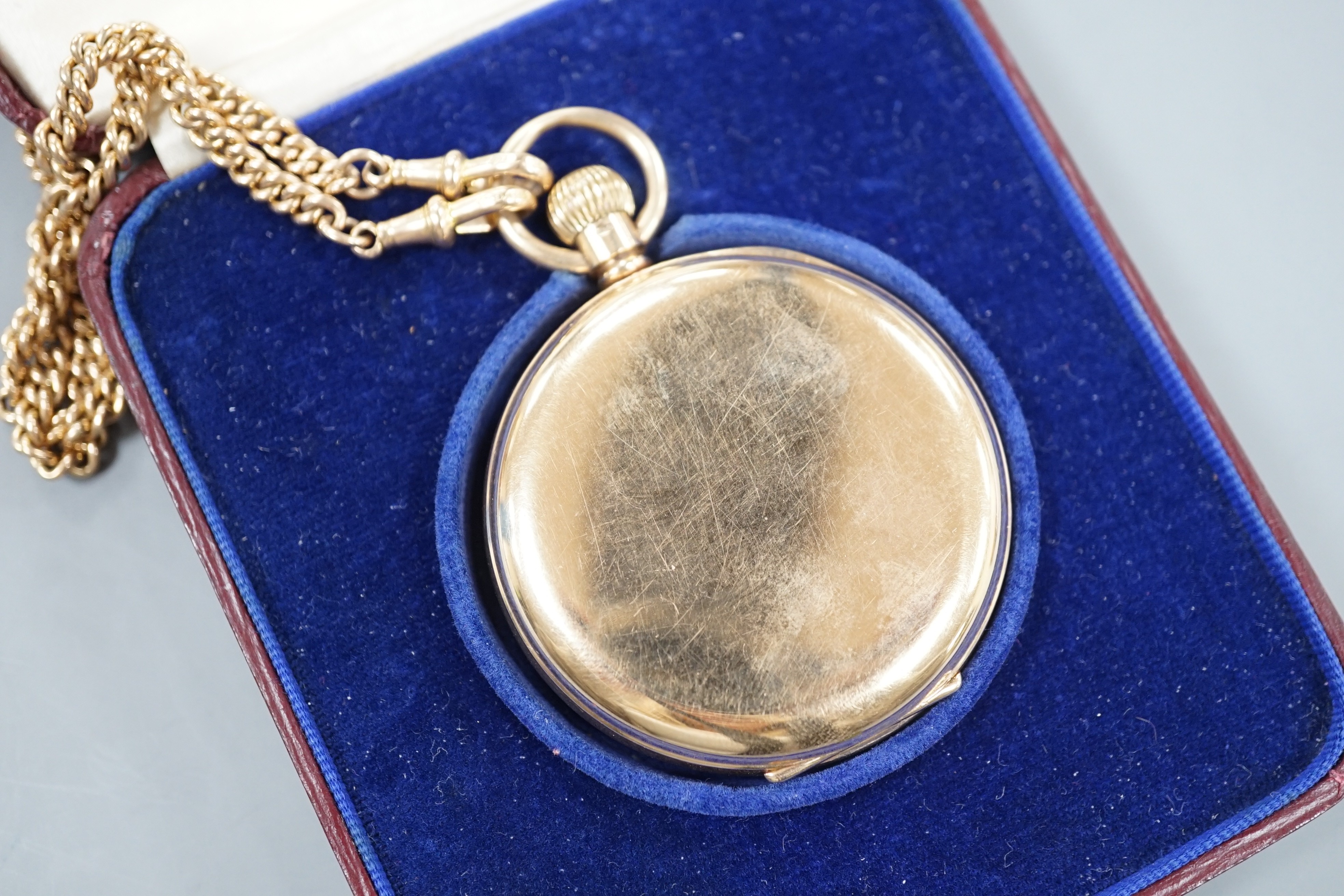 A 9ct gold J.W. Benson open face keyless pocket watch, case diameter 50mm, gross weight 88.8 grams, in J.W. Benson fitted box, on a 9ct albert., 11.8 grams.